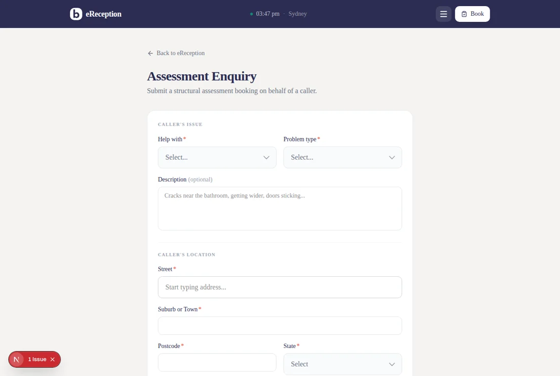 The Assessment Enquiry form showing Caller's Issue and Caller's Location sections.