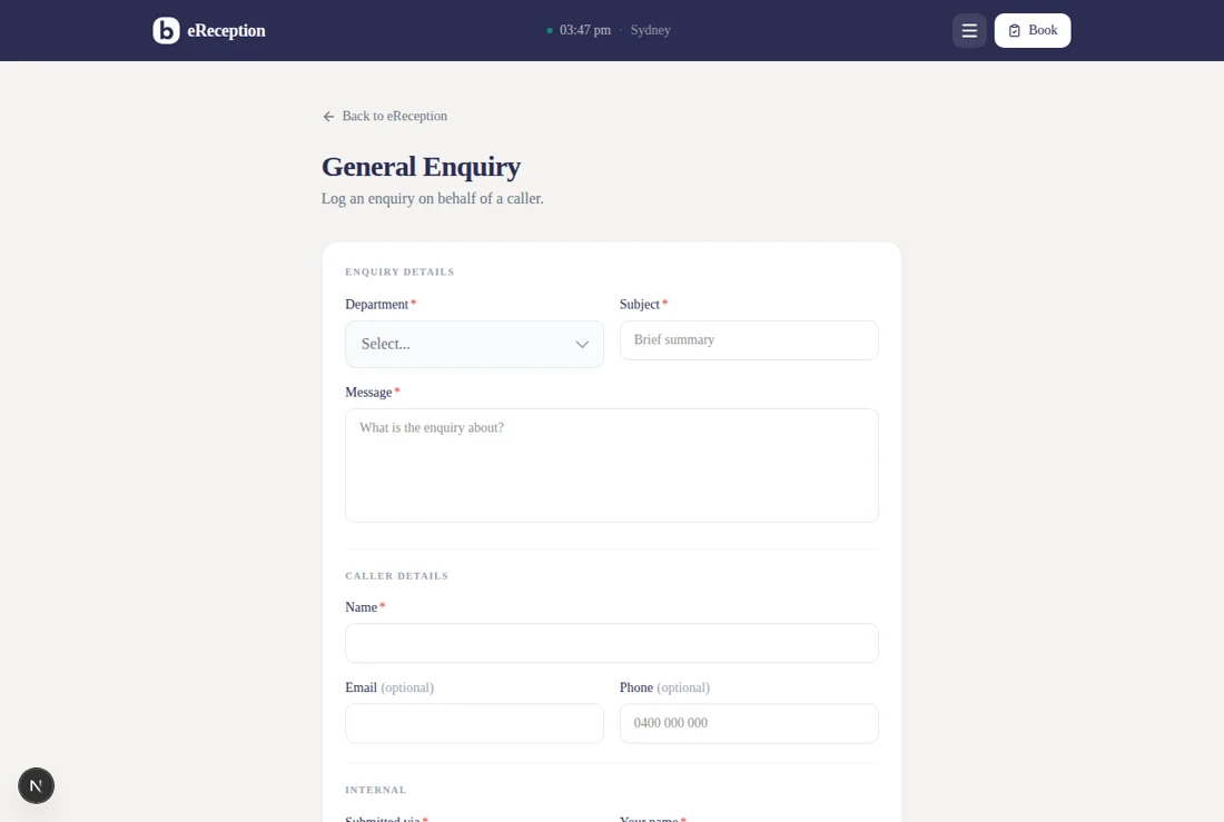 The General Enquiry form showing Enquiry Details and Caller Details sections.