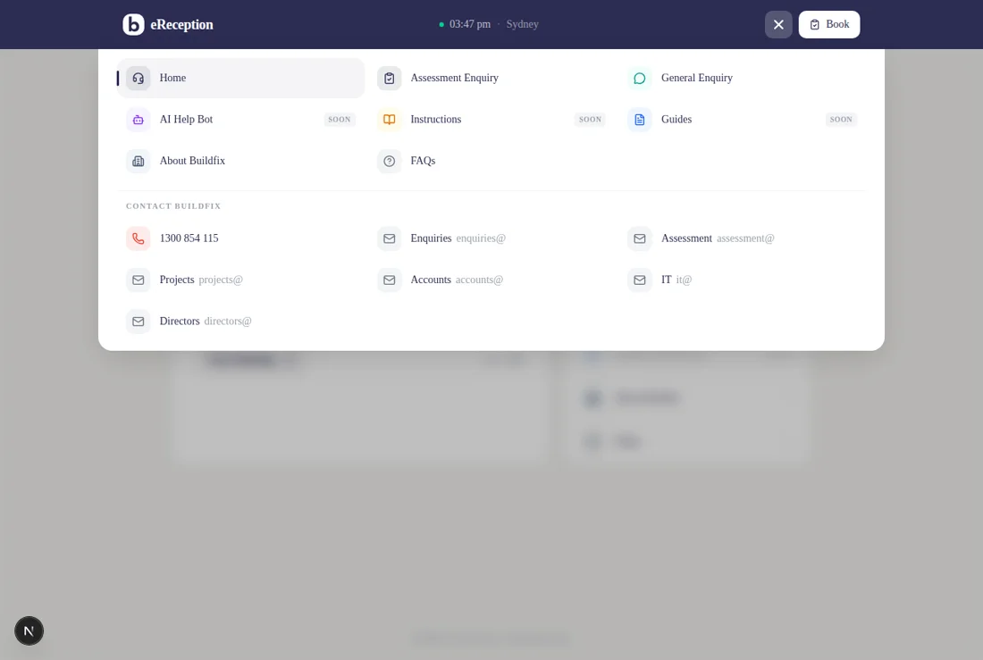 The hamburger menu overlay showing all portal pages and Buildfix contact emails.