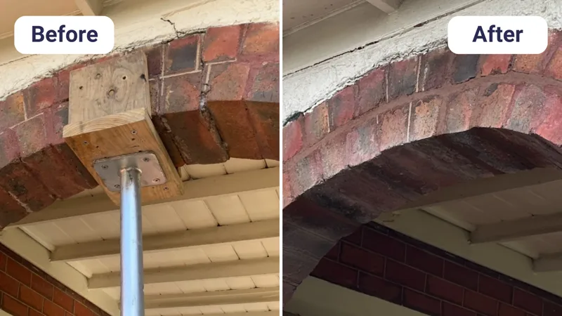 Cracked brick arch before and after repair