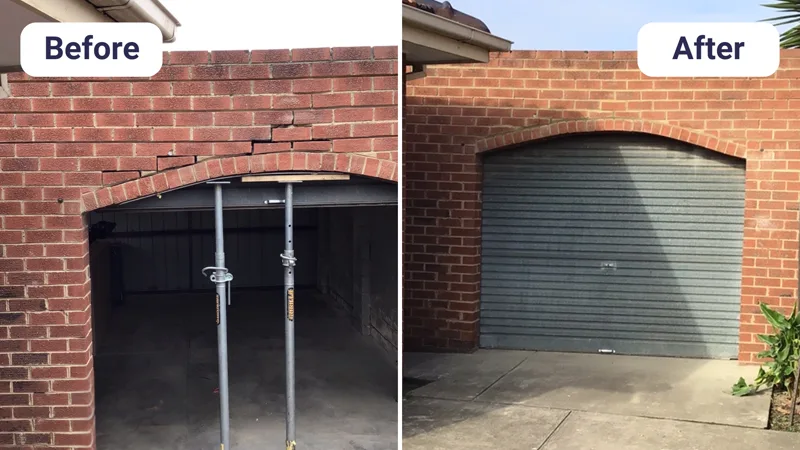 Cracked brick arch before and after repair
