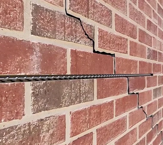 HelicalBar stainless-steel bars installed into a brick wall mortar joint