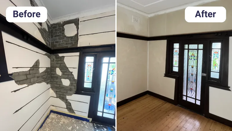 Heritage room with severe plaster cracking exposing brickwork before and after HelicalBar repair