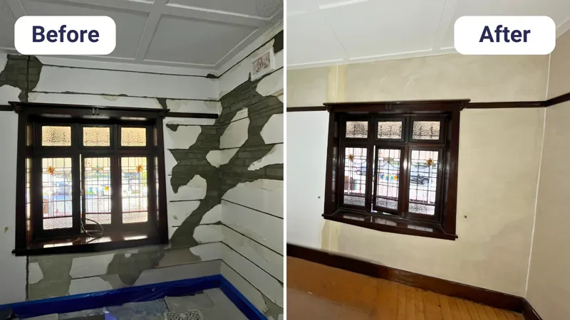 Plaster cracks around window frame before and after permanent repair