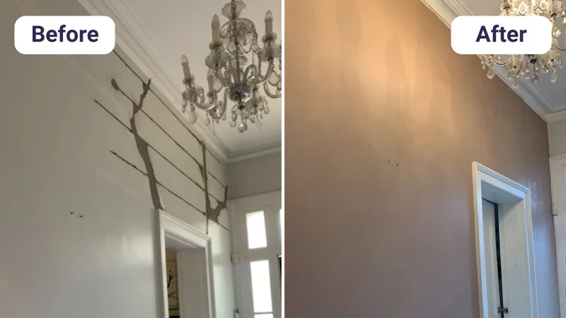 Hallway wall and ceiling cracks before and after plaster restoration