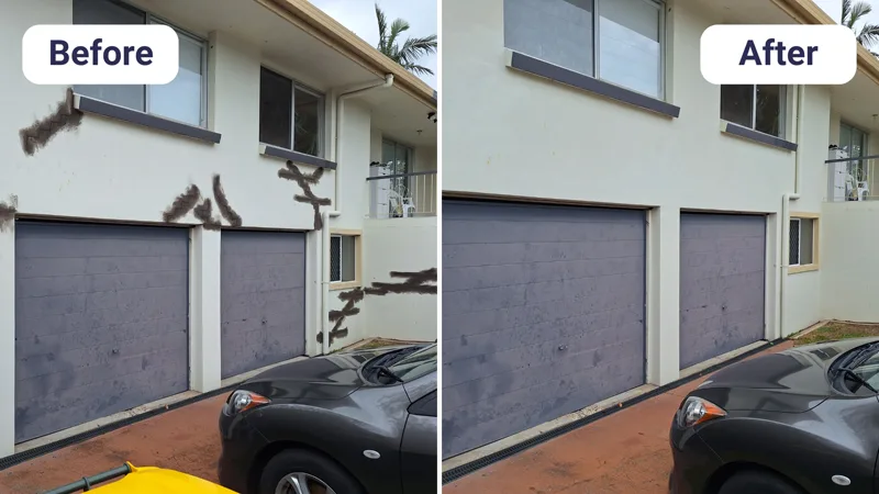 Exterior render cracks on building facade before and after repair