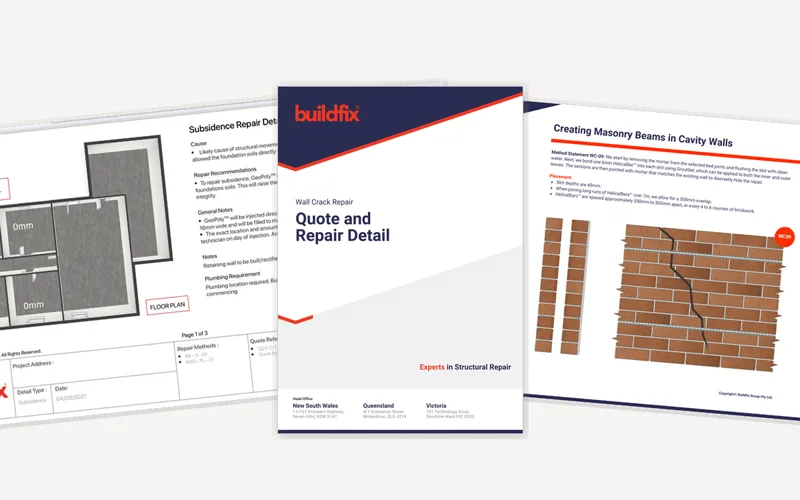 Buildfix quote package showing structural repair detail, quote cover page, and repair method statement