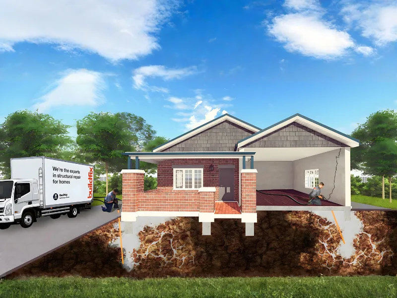 GeoPoly resin injected beneath concrete slab to re-level sinking floor from underneath