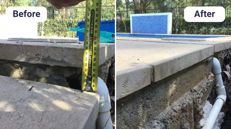 Pool coping paver dropped below the slab, measured, then lifted back level