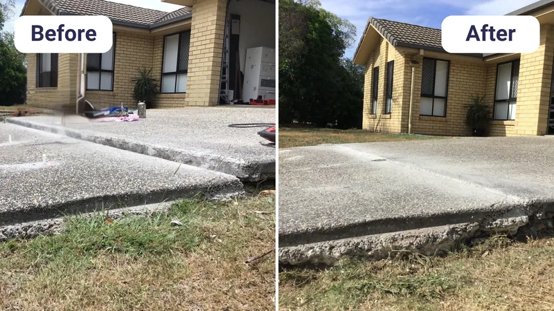 Cracked and sunken concrete driveway slab lifted back level outside a brick home