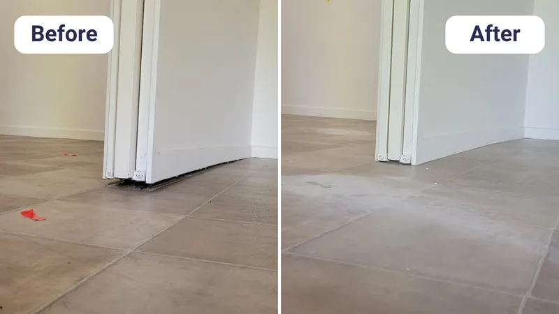 Gap under an internal door frame on a tiled floor closed after the slab was lifted