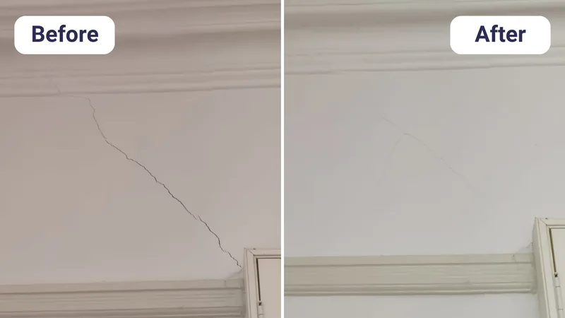 Diagonal wall crack below the cornice closed up after the slab was lifted back to level