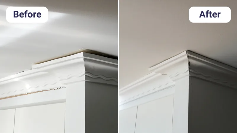 Cornice and ceiling gap above kitchen cabinet closed after slab lift