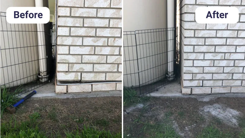 Sunken brick wall corner at fence line lifted back to level