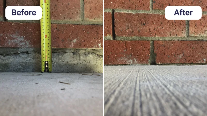 Sunken concrete slab gap at brick wall measured and closed after lift