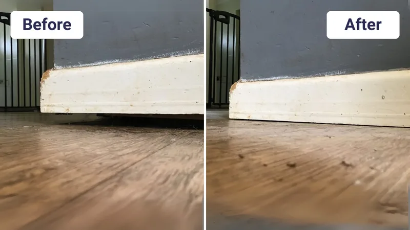 Skirting board gap closed after floor re-levelling before and after