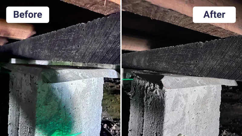 Concrete pier stabilised beneath subfloor before and after