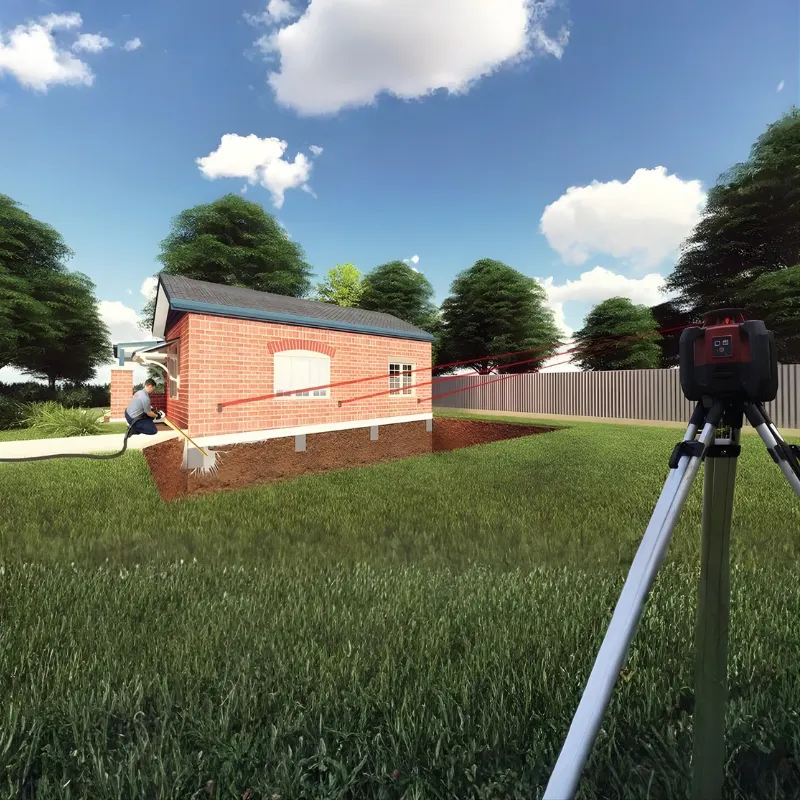 GeoPoly resin injection beneath brick house with laser levelling equipment monitoring precision