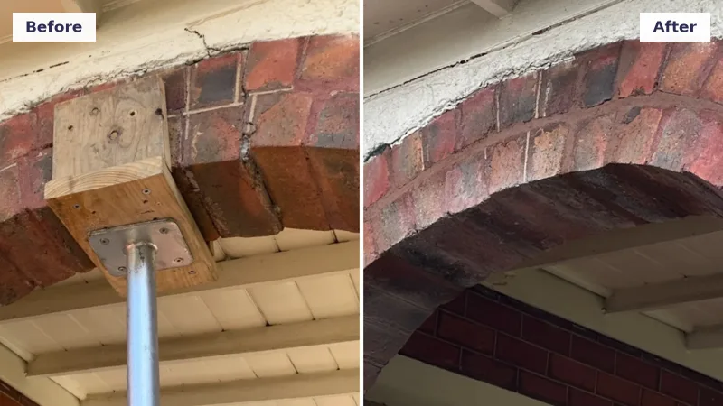 Cracked brick arch over a veranda repaired and reconnected after the foundation lift