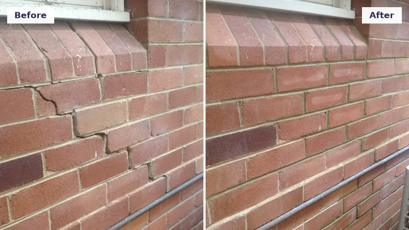 Crack in brickwork beneath a window sill repaired after the foundation was lifted