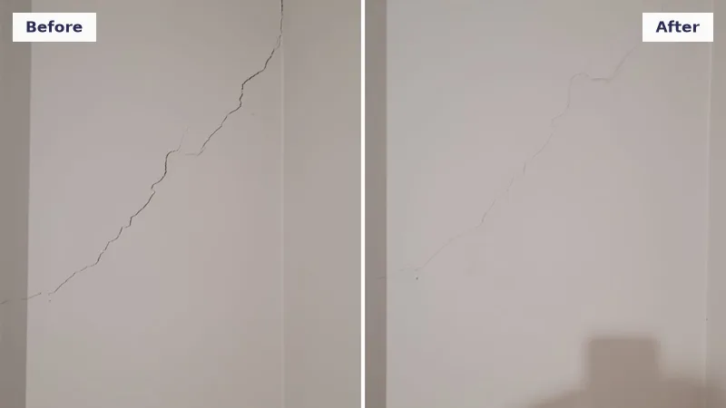 Diagonal crack in an internal plaster wall repaired after the foundation was relevelled