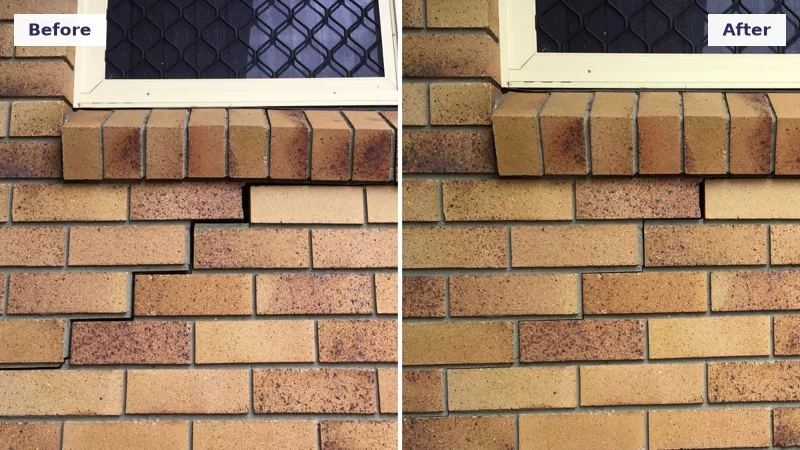 Stair-step crack in brickwork under a window tightened after the foundation was lifted back to level