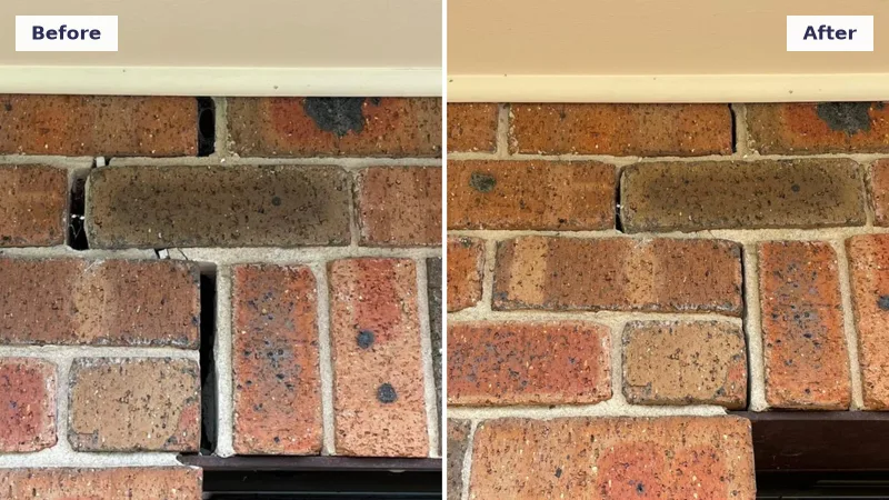 Gap opened above a window lintel in brickwork repaired after the foundation lift