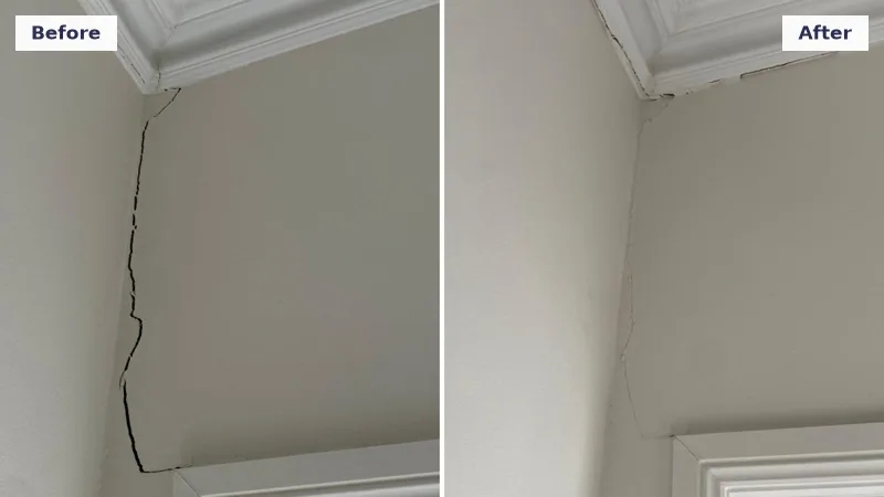 Crack in an internal plaster corner repaired after the foundation was lifted