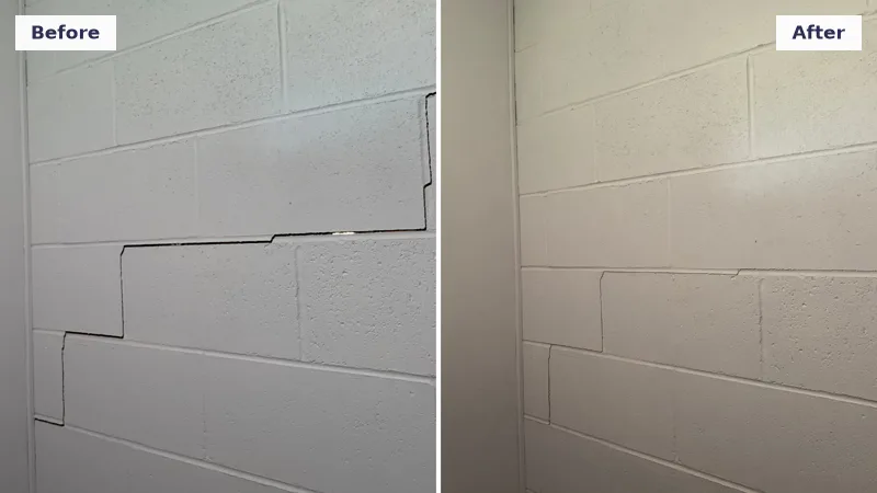 Stair-step crack in a block wall repaired after the foundation was lifted back to level