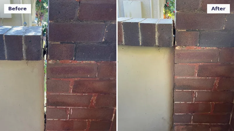 Crack at the corner of a brick home repaired after the footings were relevelled