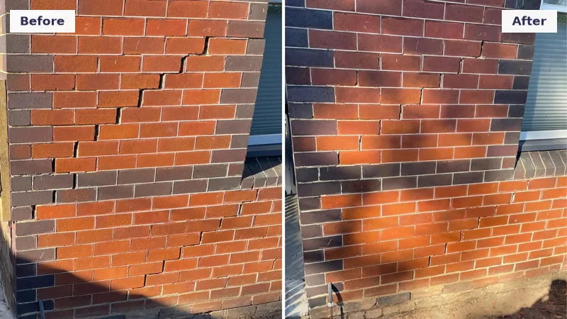 Wide stair-step crack in red brick repaired after the footings were relevelled