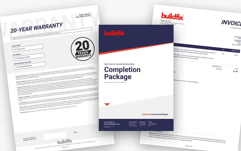 Buildfix Completion Package — cover, 20-year warranty certificate and tax invoice fanned out
