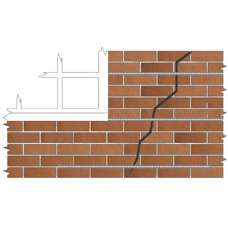 Cross-section showing HelicalBar reinforcement inserted into cracked brick wall mortar joints